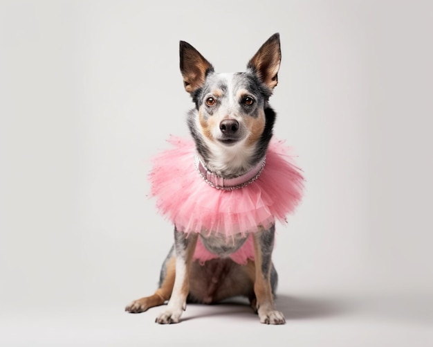  ⁇ 색 표면에 앉아 있는 분홍색 투투를 입은 개가 있습니다.