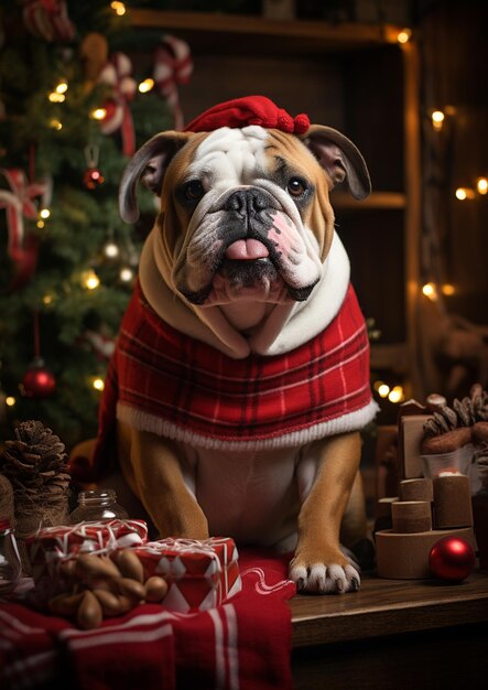 There is a dog wearing a red and white scarf and a red hat generative ai