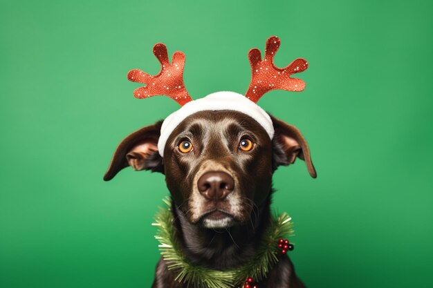 There is a dog wearing a reindeer hat and a green background generative ai