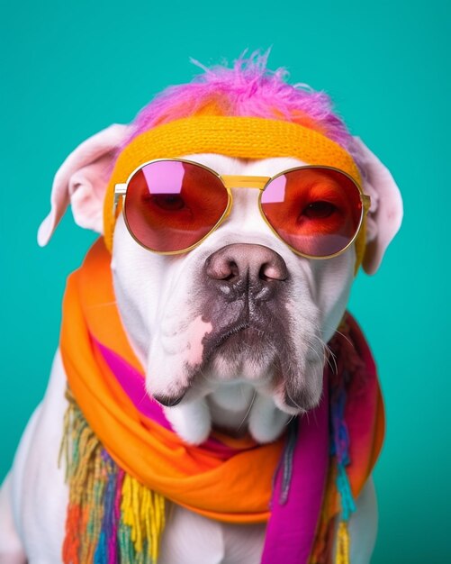 there is a dog wearing a scarf and sunglasses on a blue background generative ai