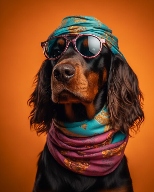There is a dog wearing a scarf and sunglasses on a orange background generative ai