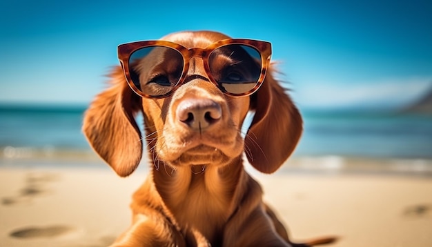 there is a dog wearing sunglasses on the beach with a blue sky generative ai