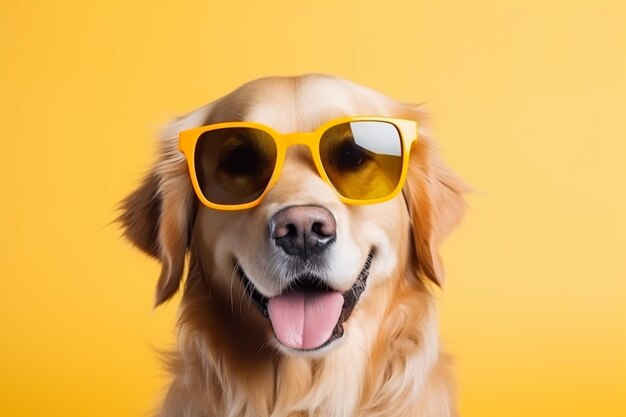 there is a dog wearing sunglasses on a yellow background generative ai