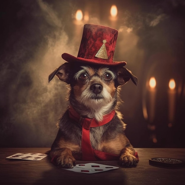 There is a dog wearing a top hat and playing cards generative ai