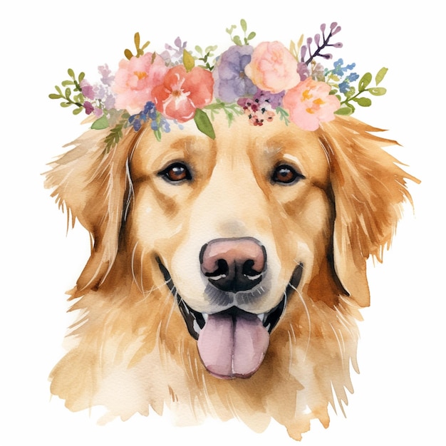 There is a dog with a flower crown on its head generative ai