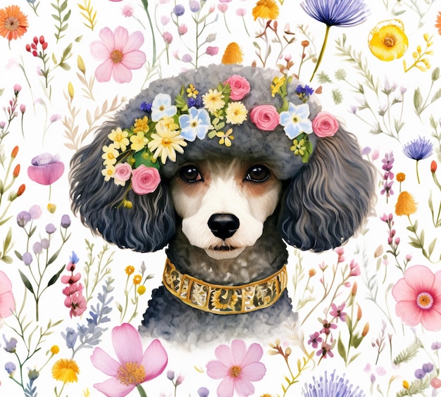 there is a dog with a flower crown on its head generative ai