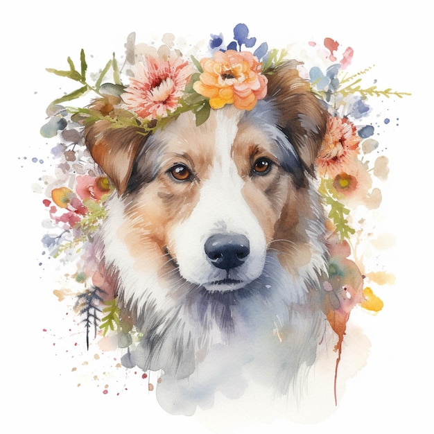There is a dog with a flower crown on its head generative ai