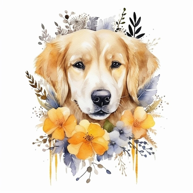 there is a dog with flowers around its neck generative ai