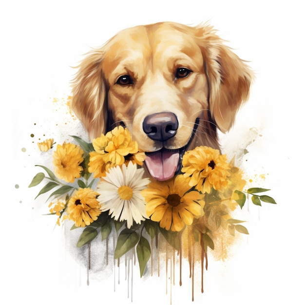 There is a dog with flowers in his mouth and a white background generative ai