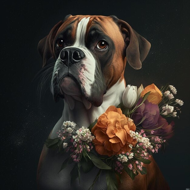 There is a dog with flowers on his neck and a black background generative ai