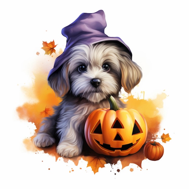 There is a dog with a hat and a pumpkin on it generative ai