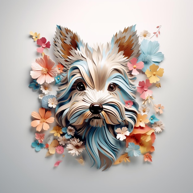 There is a dog with a long hair and flowers in the background generative ai