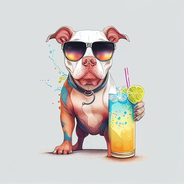 There is a dog with sunglasses holding a drink and a slice of lime generative ai