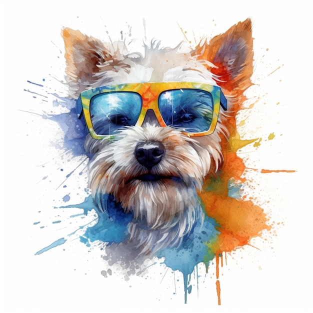 There is a dog with sunglasses on and a paint splatter generative ai