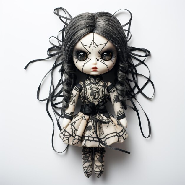 Photo there is a doll with a black hair and a dress generative ai