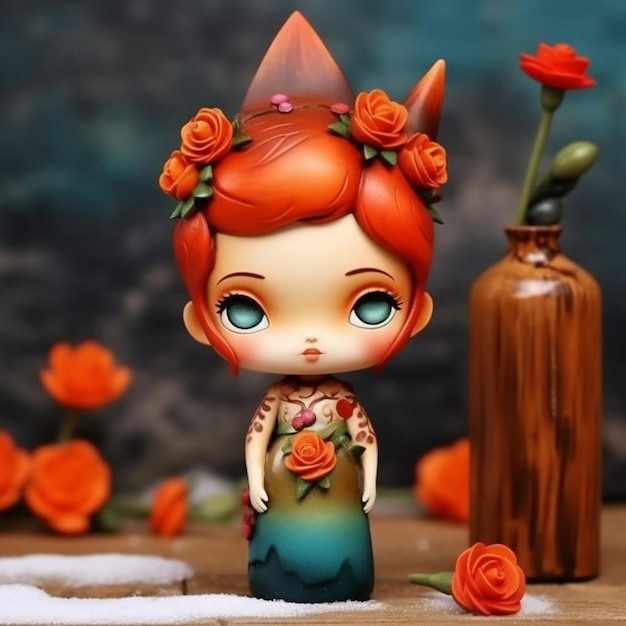 Рядом с вазой стоит кукла с цветочной короной.