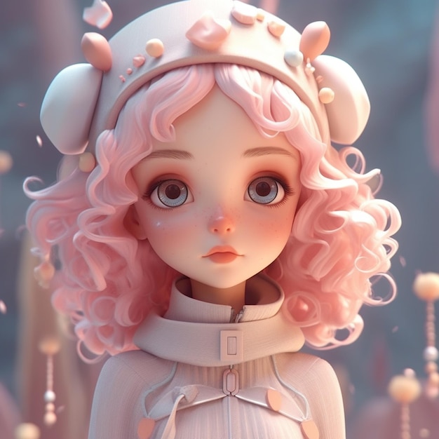 there is a doll with pink hair and a white hat generative ai