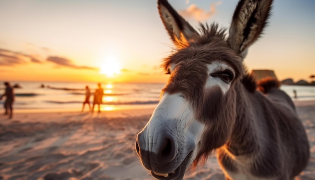 Photo there is a donkey that is standing on the beach at sunset generative ai