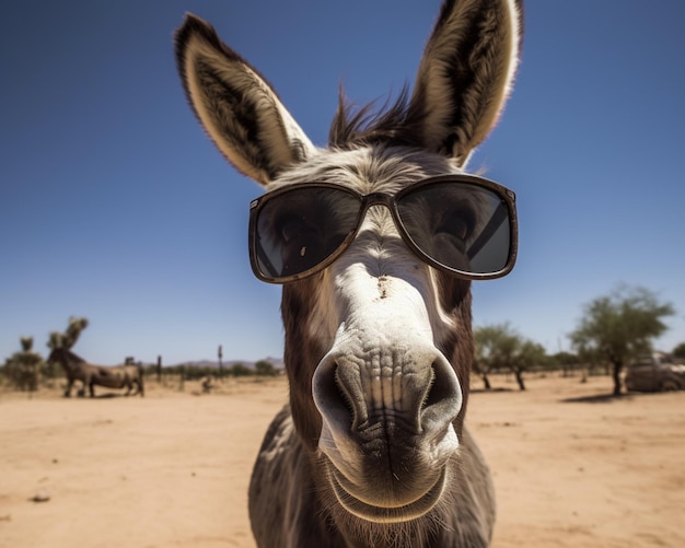 There is a donkey wearing sunglasses on a dirt field generative ai