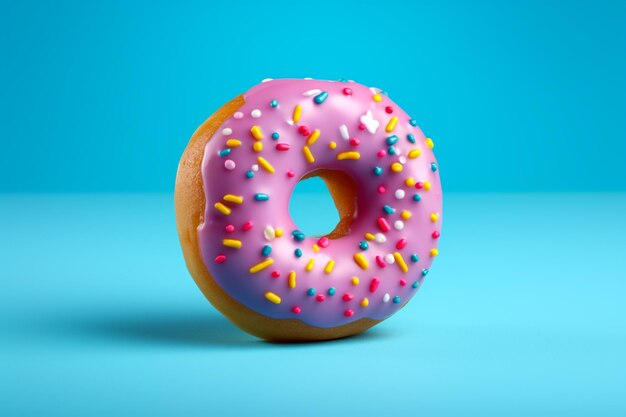 There is a donut with sprinkles on a blue surface generative ai