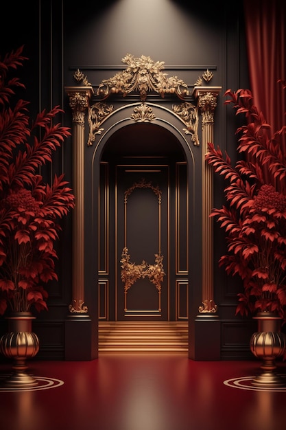 Photo there is a doorway with a gold door and red plants generative ai
