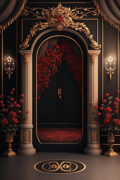 Photo there is a doorway with a red carpet and a red rose arrangement generative ai