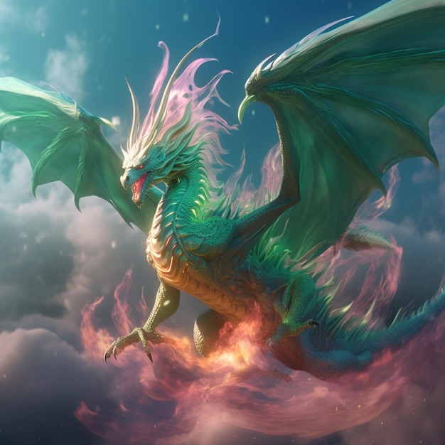 There is a dragon flying through the air with a bright green tail generative ai