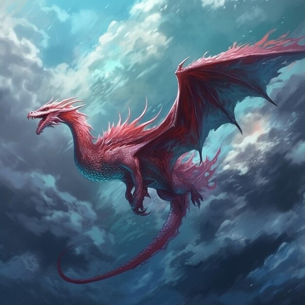 there is a dragon flying through the sky with its wings spread generative ai