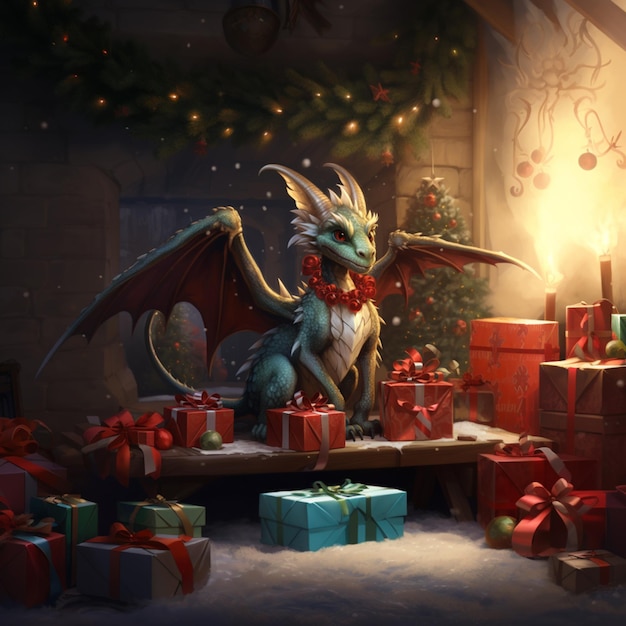 There is a dragon sitting on a bench with presents around it generative ai