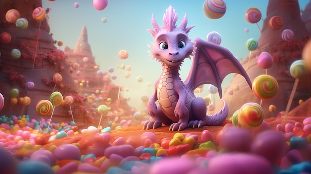 there is a dragon sitting in a field of candy balls generative ai