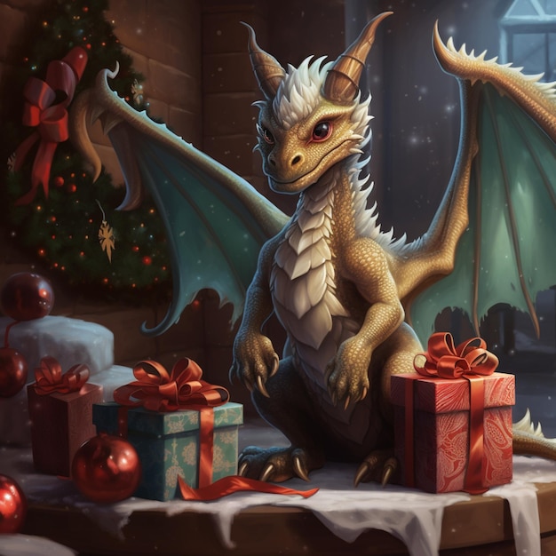 There is a dragon sitting on a table with presents in front of it generative ai