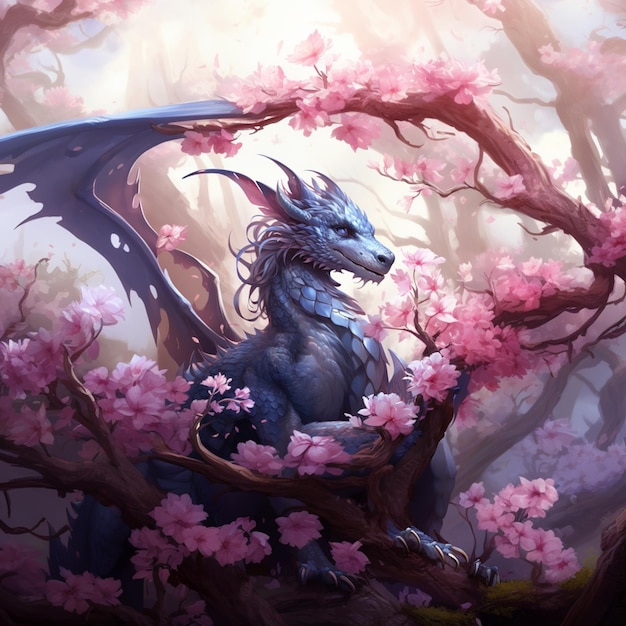 There is a dragon sitting in a tree with pink flowers generative ai