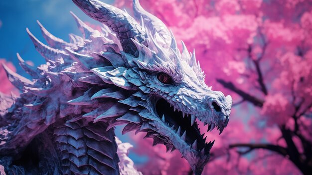 There is a dragon statue in front of a tree with pink flowers generative ai