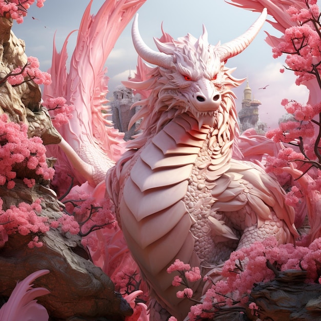 Photo there is a dragon statue in a pink forest with pink flowers generative ai