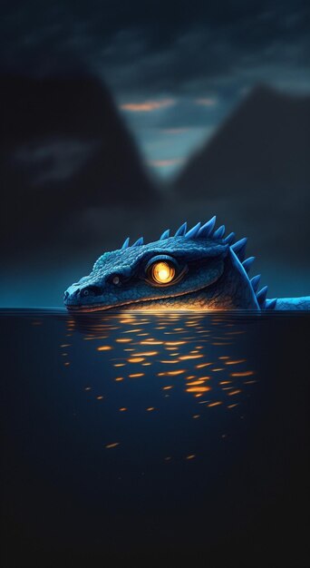 There is a dragon that is floating in the water at night generative ai