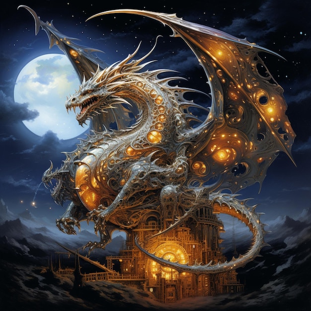 There is a dragon that is sitting on a building with a full moon generative ai