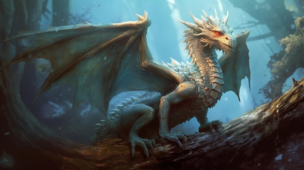 There is a dragon that is sitting on a tree branch generative ai