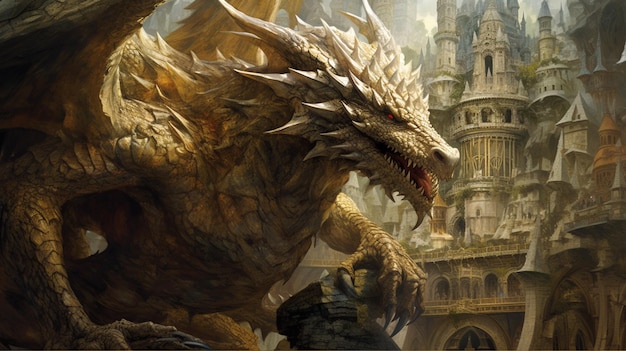 there is a dragon that is standing in front of a castle generative ai