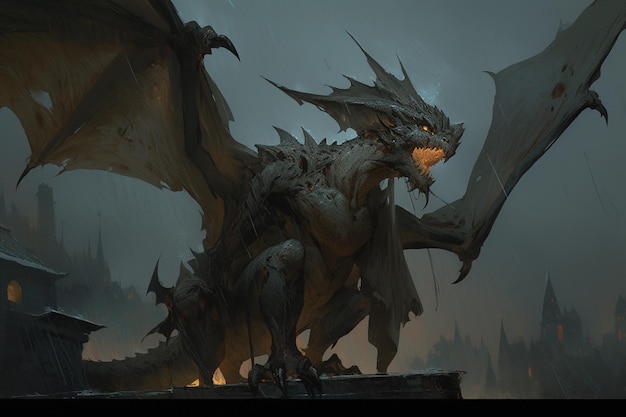 There is a dragon that is standing on a ledge in the rain generative ai