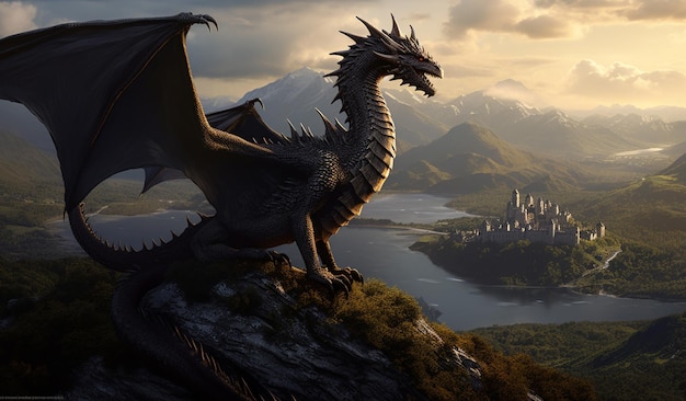 There is a dragon that is standing on a mountain with a castle in the background generative ai