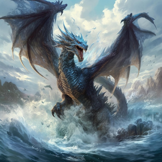 there is a dragon that is standing in the water generative ai