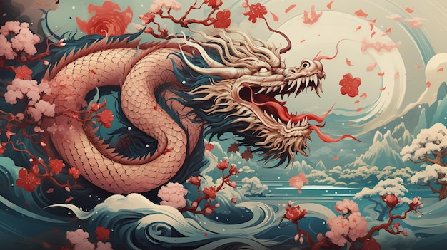 Есть дракон, который находится в воде с цветами генеративной ай
