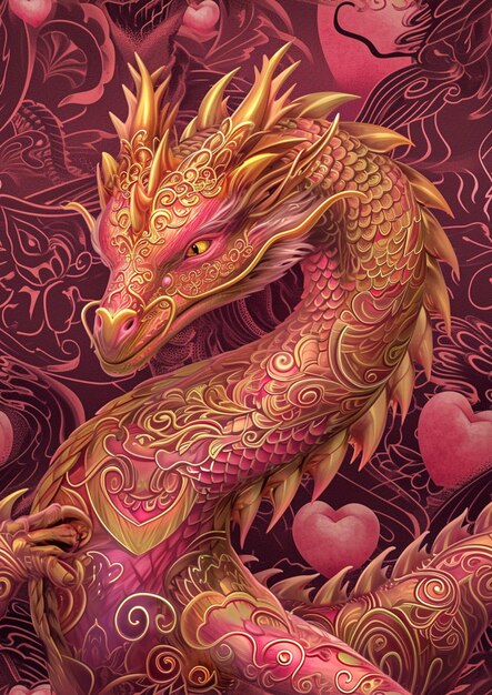 There is a dragon with a gold and pink pattern on it generative ai