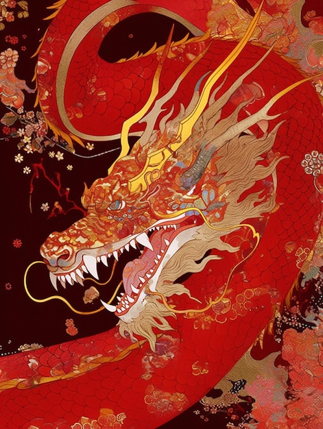 there is a dragon with a red background and gold accents generative ai