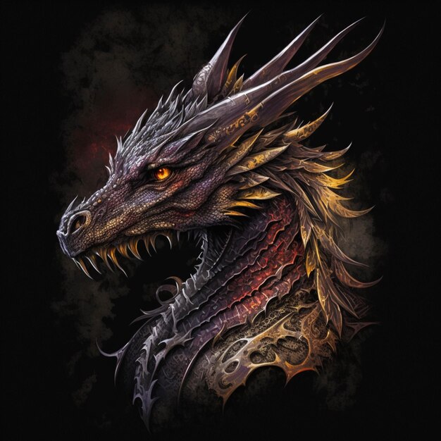 There is a dragon with a red eye and a black background generative ai