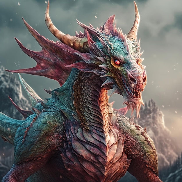 there is a dragon with a red eye standing in the snow generative ai