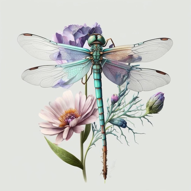 There is a dragonfly sitting on a flower with a white background generative ai