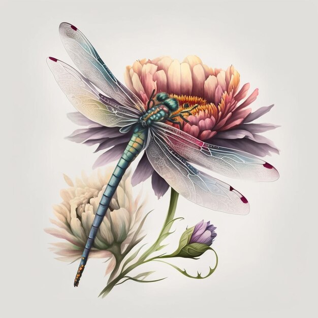 There is a dragonfly sitting on a flower with a white background generative ai