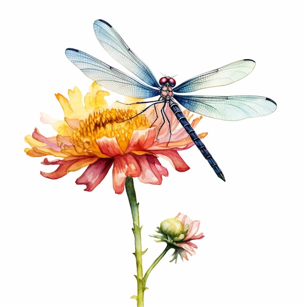 there is a dragonfly sitting on top of a flower generative ai