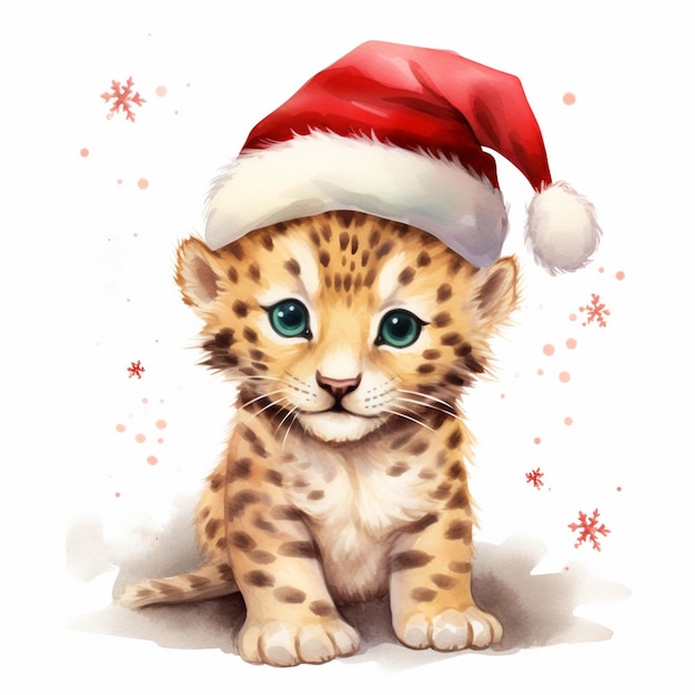 There is a drawing of a baby leopard wearing a santa hat generative ai